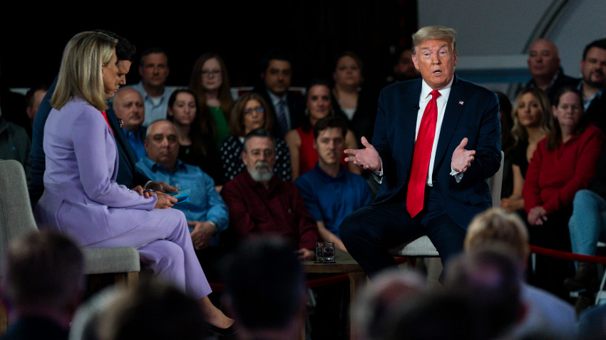 President Donald Trump speaks during a Fox News town hall at the Scranton Cultural Center, Thursday, March 5, 2020, in Scranton, Pa. (AP Photo/Evan Vucci)