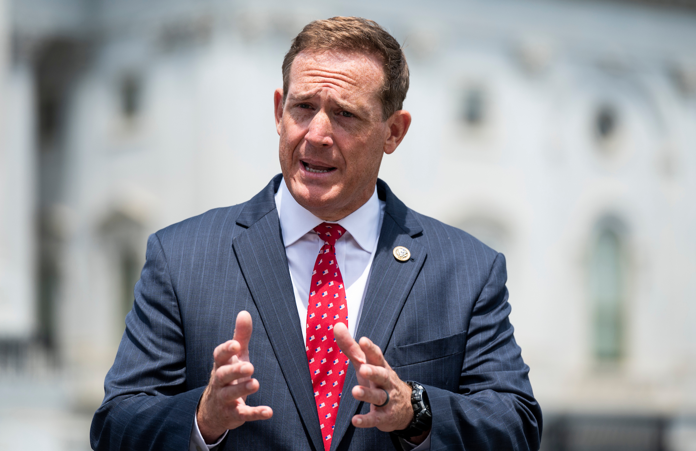 UNITED STATES - JUNE 25: Rep. Ted Budd, R-N.C., does a television news interview outside the Capitol before the vote on the George Floyd Justice in Policing Act of 2020 on Thursday, June 25, 2020. (Photo By Bill Clark/CQ Roll Call)