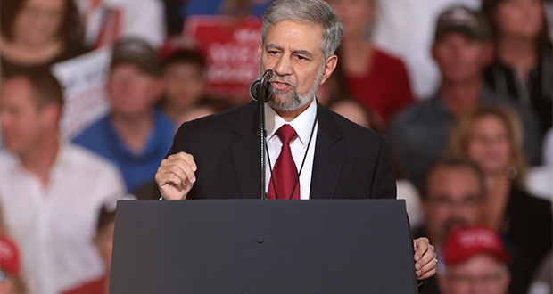 In this Oct. 18, 2018, photo, GOP Secretary of State candidate Steve Gaynor speaks to supporters at a Make America Great Again campaign really for President Trump at International Response Hangar at Phoenix-Mesa Gateway Airport in Mesa. Gaynor, lost in the 2018 election to Katie Hobbs, is running for governor in the 2022 election.